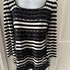 White House Black Market Black & White Striped Lace-Trim Scoop Neck Top